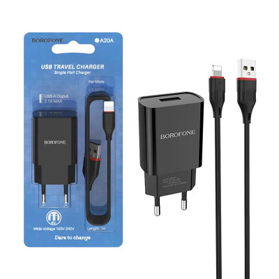 Зарядний пристрій з кабелем microUSB Borofone BA20A 1 USB 2100 mA black