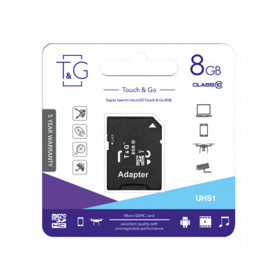 Карта пам'яті microSD 8 Гб T&G з адаптером class 10 Карта пам'яті microSD 8 Гб T&G з адаптером class 10