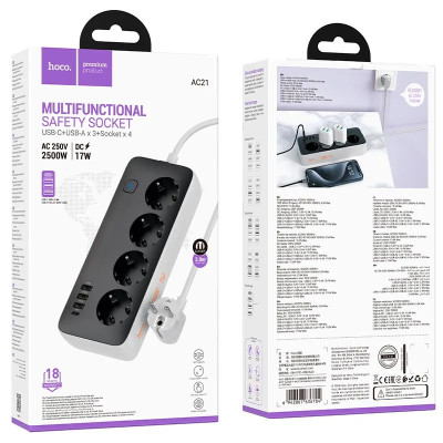 Мережевий подовжувач Hoco A21 4 розетки, 3 USB-A, 1 USB-C 3 метри 2500W black